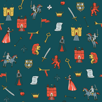 Medieval doodle objects vector seamless pattern with knights, castles, princess, lion, symbols, crone and sword