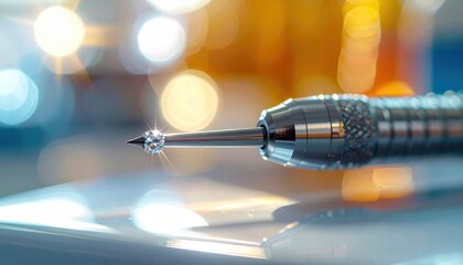 Fototapeta premium Close-up of a high-speed dental drill head with intricate detail and sparkling tip, isolated on a soft, blurred bokeh background