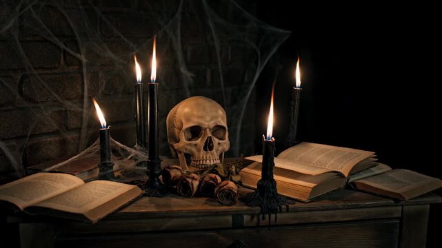 Human skull with candles and old books on dark table for Halloween. Creepy occult home decor with roses and spider web backdrop. Mystical witchcraft ritual scene for horror story atmospheric concept