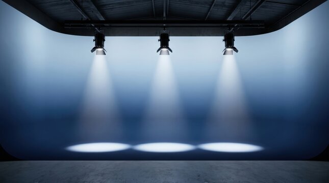 Stage with three spotlights in dark room, blue light beams on floor.