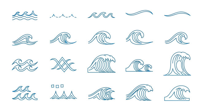 blue wave icons, ocean wave graphics, wave symbol collection