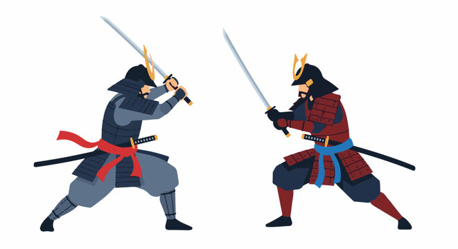 Two warriors in traditional armor clash with swords in a duel