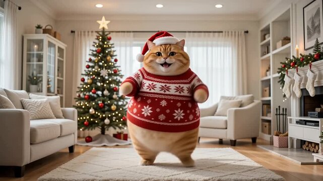 Funny fat cat in Christmas sweater dancing in decorated living room. Anthropomorphic ginger kitten wearing Santa hat enjoys holidays. Cute pet performs festive dance moves near glowing pine tree