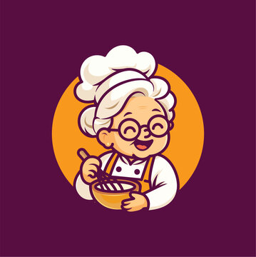 Cute grandma chef logo vector illustration, happy grandmother baking with whisk and bowl, cartoon mascot character for bakery, restaurant, and homemade food brand.