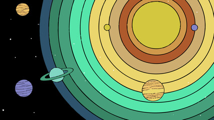 Colorful solar system illustration with planets orbiting around the sun in space. © shahzad