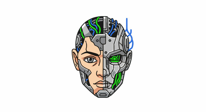 Human face split with organic and mechanical components, cybernetic fusion