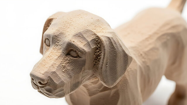 Textured sandpaper abraded dog sculpture close-up isolated on a transparent background, sandpaper abrasion
