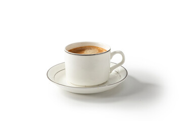 Obraz premium White coffee cup filled with espresso on a matching saucer isolated on white background