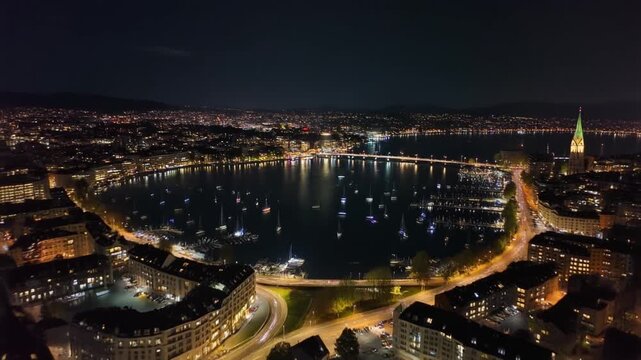 Stunning Aerial Panorama of Zurich Night City and Lake