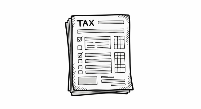 Hand-drawn stack of tax forms with checkboxes and lines