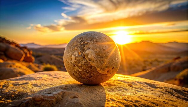 Rough hewn sandstone sphere illuminated by warm golden sunset rays on a rocky outcrop