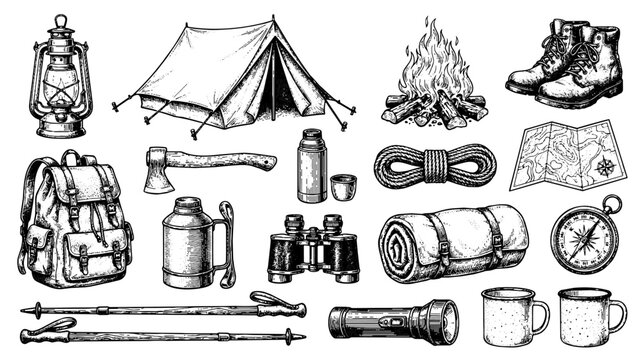 Camping & Outdoor Gear Engraving Hand Drawn Illustration Set Featuring boots, thermos bottles, ropes, maps, binoculars - Stock Vector