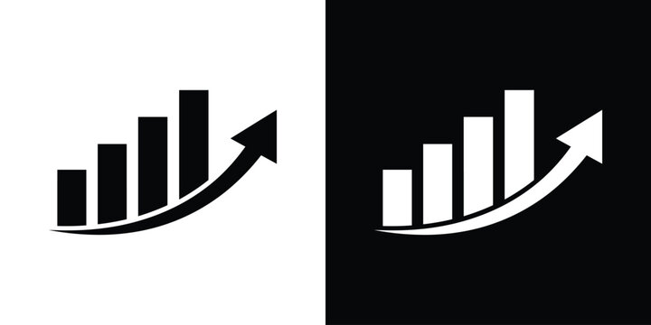 Progressive bar chart with a curved upward moving arrow. Clean corporate growth and financial development symbol on split backgrounds.