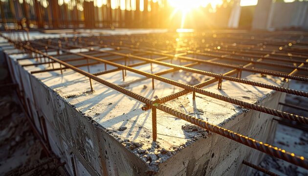 Rusty rebar gridwork embedded in concrete foundation at sunrise, highlighting construction progress.