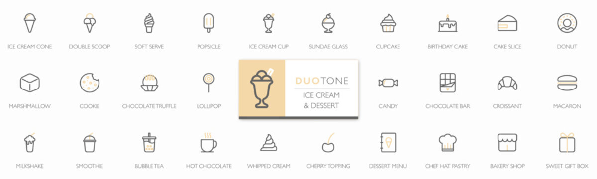Ice Cream and Dessert icon set featuring editable stroke line icons in duotone minimal style. Ice cream, cakes, pastries, candy, drinks, bakery elements, cafe and dessert branding. Vector Illustration