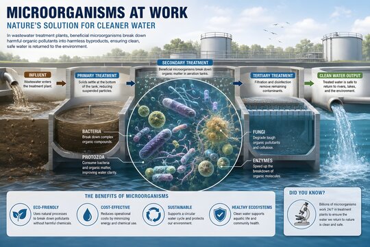 Wastewater Treatment Process Illustration Showing Beneficial Microorganisms Breaking Down Organic Pollutants
