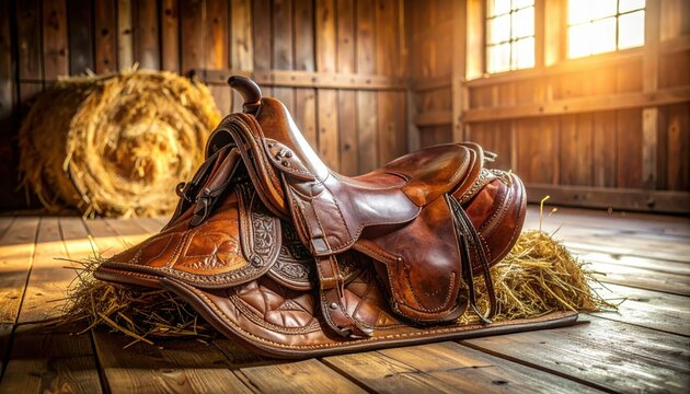 Richly detailed vintage leather western horse saddle resting on wooden floor within a rustic barn setting bathed in warm sunlight