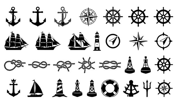 Maritime nautical silhouette assortment with anchors sailboats and navigation symbols vector set