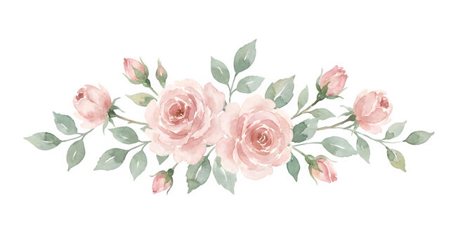 Vintage watercolor pink rose bouquet, elegant floral border with green leaves, romantic hand painted flower arrangement for wedding invitations