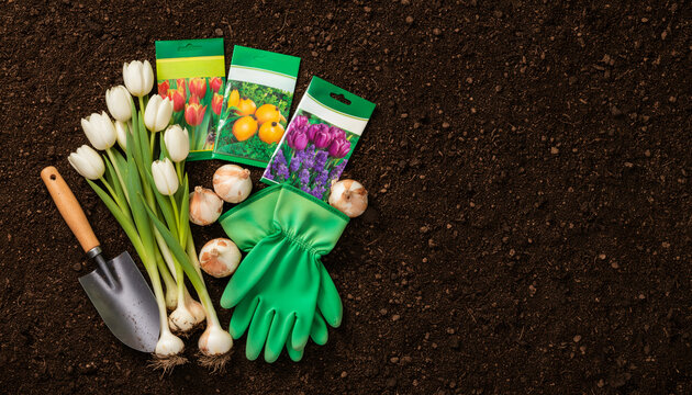Flat lay top view of a metal garden trowel, green rubber gloves, fresh white tulip bulbs with flowers, and colorful seed packets arranged on rich dark organic compost soil background