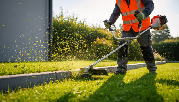 Professional landscaper wearing an orange safety vest uses a powerful petrol string trimmer to cut lush green lawn grass along a stone curb with flying clippings around