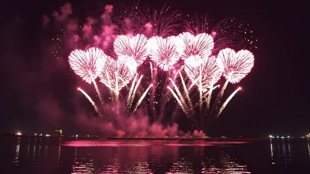 Fireworks display of heart shaped pyrotechnics against a dark sky
