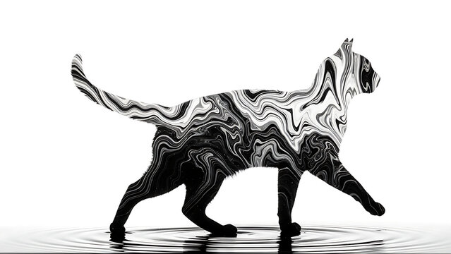Abstract dog silhouette with ink wave patterns isolated on a transparent background, black and white abstract