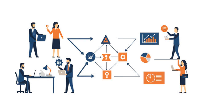 Remote team collaboration visualized through business strategy and communication flow