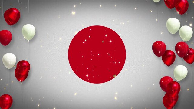 Loop, 4K video. Japanese flag. Celebrations, events, soccer, football, sumo, baseball, track and field, music. Background, athlete introductions. Confetti, red, white, balloons. Copy space. Japan.