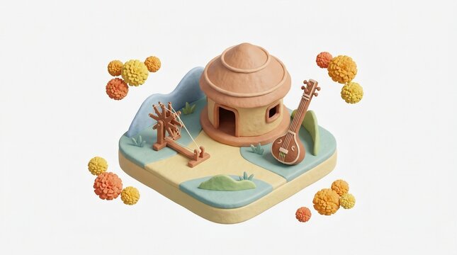 3D isometric illustration of Sant Kabir Jayanti concept with traditional hut, charkha, tanpura, and floating marigold flowers on isolated white background