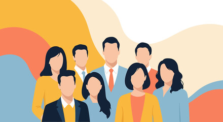 Fototapeta premium Digital workplace flat design illustration of diverse people standing together
