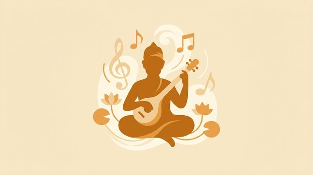 Minimalist flat vector illustration of Saint Kabir Das playing tanpura with musical notes and lotus flowers on a warm cream background
