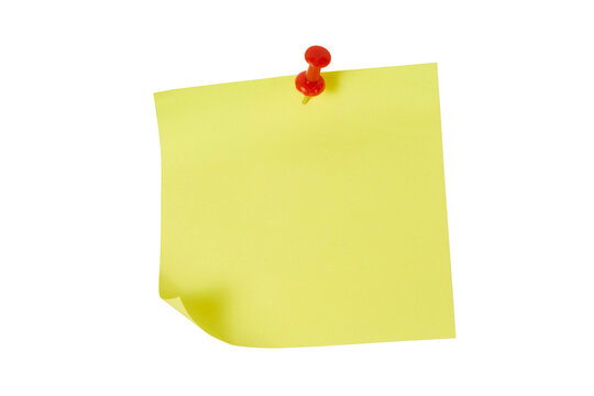 yellow sticky note reminder paper with red pushpin isolated on white or transparent png