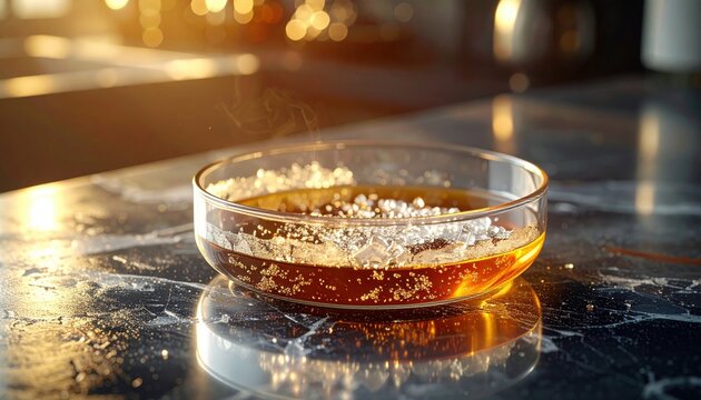 Transparent dish showcasing crystallization process with evaporating liquid and forming solids