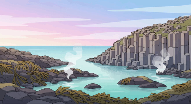 Illustration of a serene coastal landscape with basalt columns and steam vents.