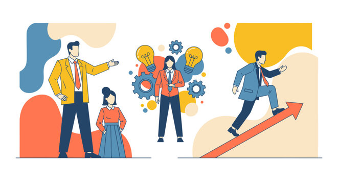 Professionals collaborate in a digital workplace with flat design elements