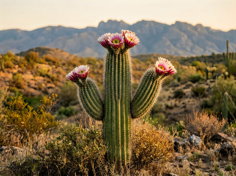 Blooming saguaro cactus with pink flowers in desert landscape
