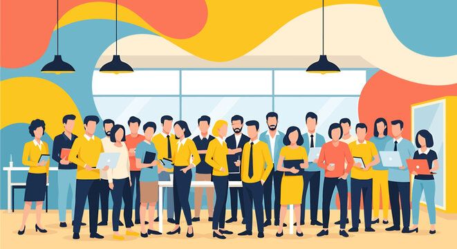Employees in a modern digital workplace with flat design elements gathered