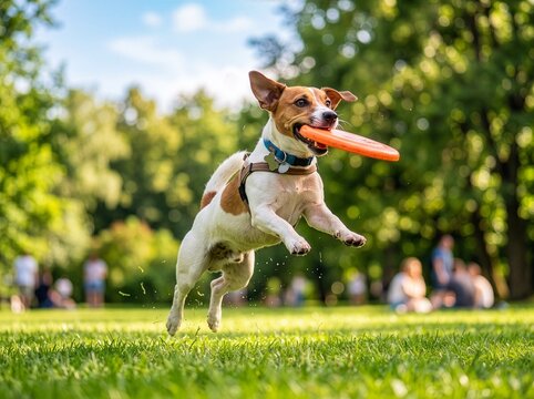 Dynamiczne, pełne energii ujęcie z poziomu gruntu, przedstawiające niezwykle radosnego i sprawnego psa rasy Jack Russell terrier, kt&oacute;ry skacze w powietrzu, pr&oacute;bując złapać frisbee. W tle widać park