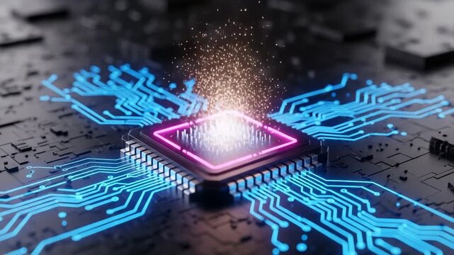 Closeup of a glowing cpu chip with blue circuit board pathways