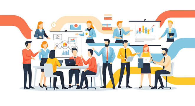 People working together in digital workplace with flat design elements around