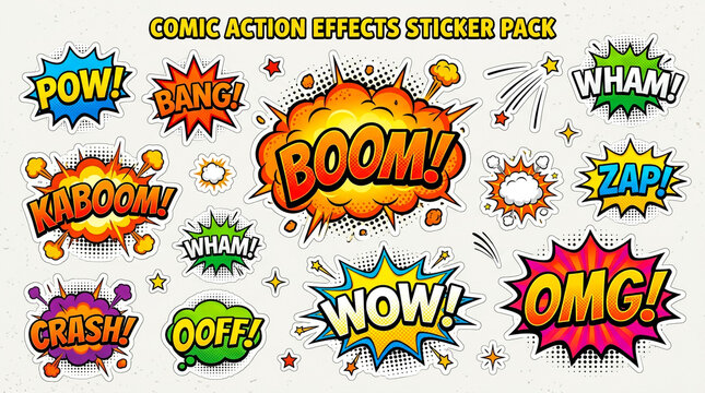 Explosive Comic Book Action Effects with Dynamic Sound Words in Vibrant Pop Art Style