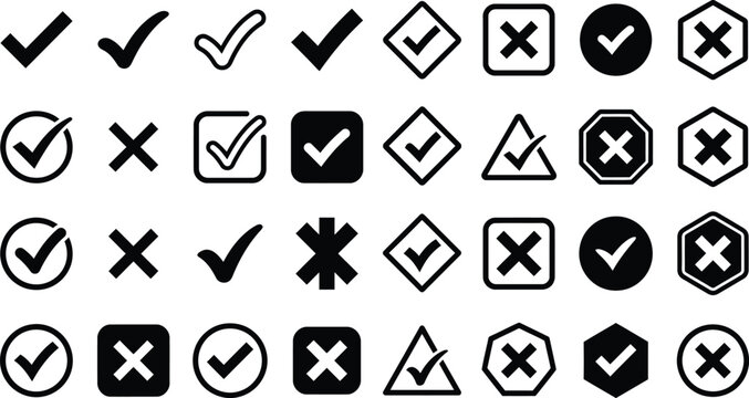 collection of checkmarks and crosses in various symbols and icons
