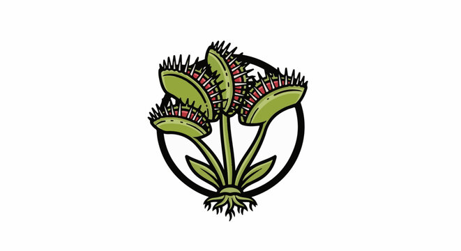 Cartoon venus flytrap plant with open jaws and teeth inside a circle