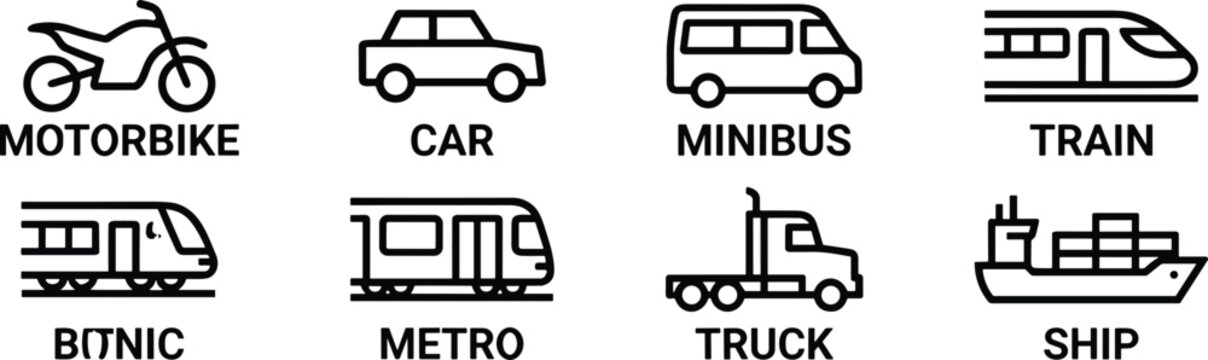 Minimalist outline vehicle icon set featuring motorbike car minibus train truck and cargo ship in image