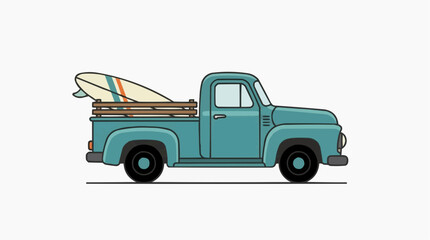 Fototapeta premium Vintage Pickup Truck Carrying Surfboard Isolated on White Background
