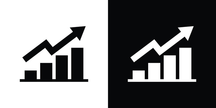 Progressive bar chart with a curved upward moving arrow. Clean corporate growth and financial development symbol on split backgrounds.