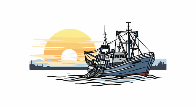 Fishing trawler at sunset with nets in water and distant shore