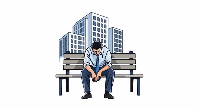 Depressed businessman sits alone on a bench in front of city buildings