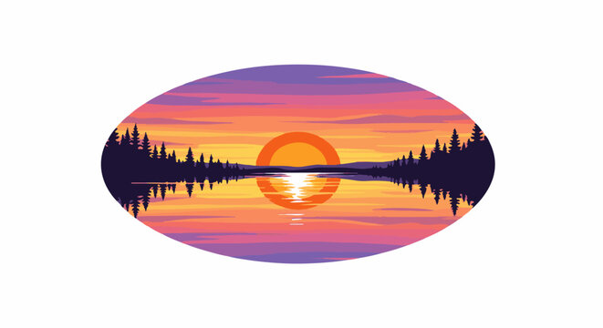 Oval landscape with pine trees reflected in a lake at sunset